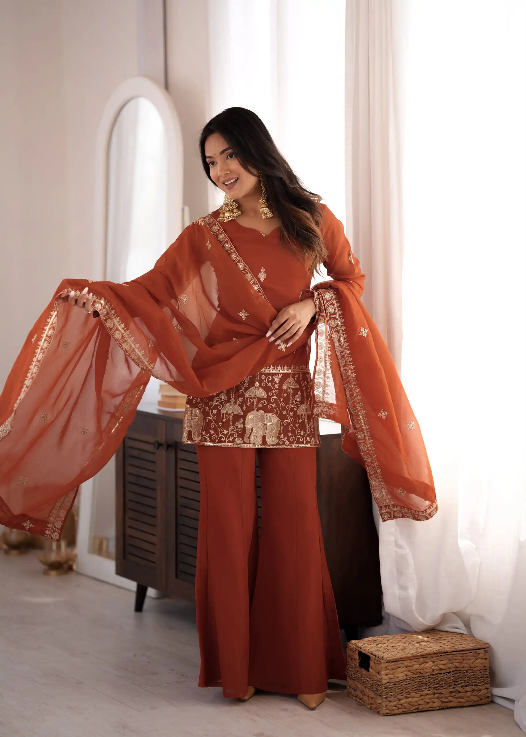 Shiny Rust Crunchy Silk Embroider Salwar Suit - Image 4