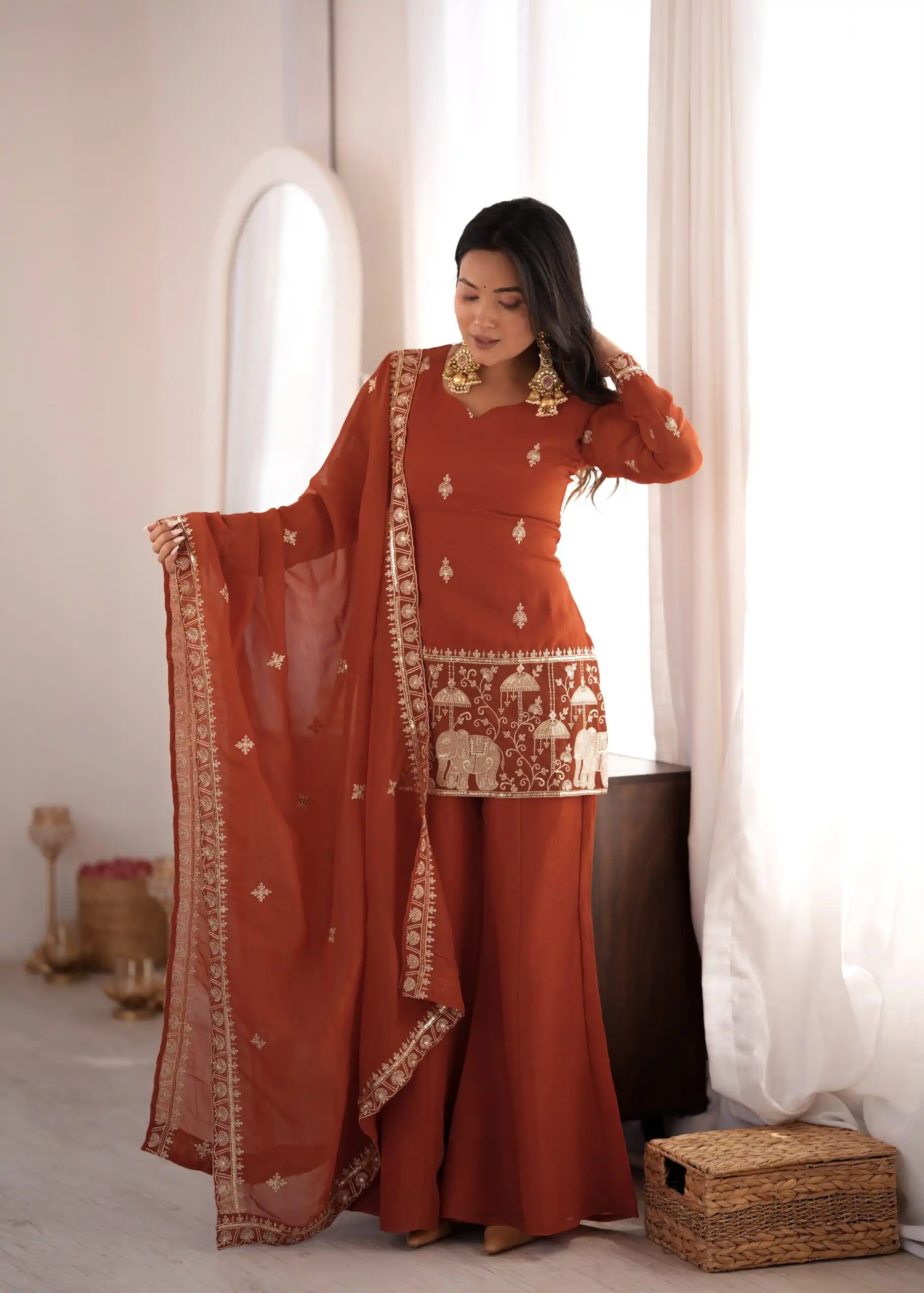 Shiny Rust Crunchy Silk Embroider Salwar Suit - Image 3