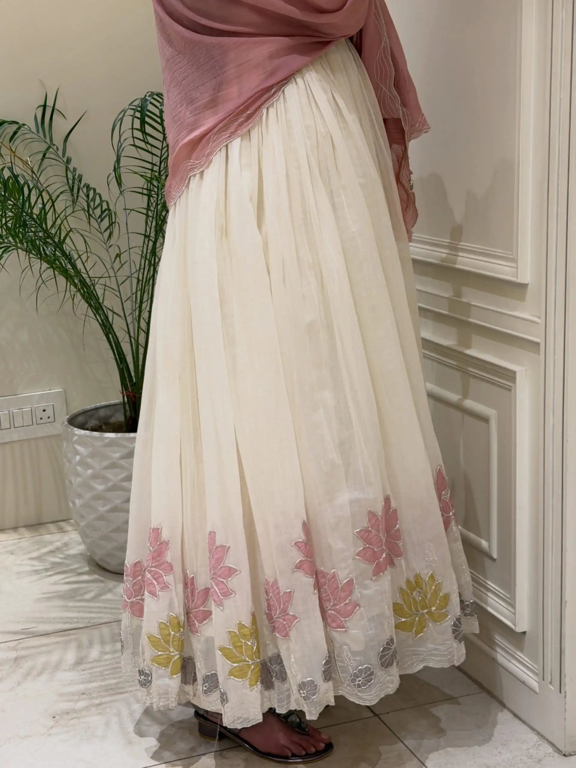Shiny White Faux Georgette Embroidery Work Gown - Image 6