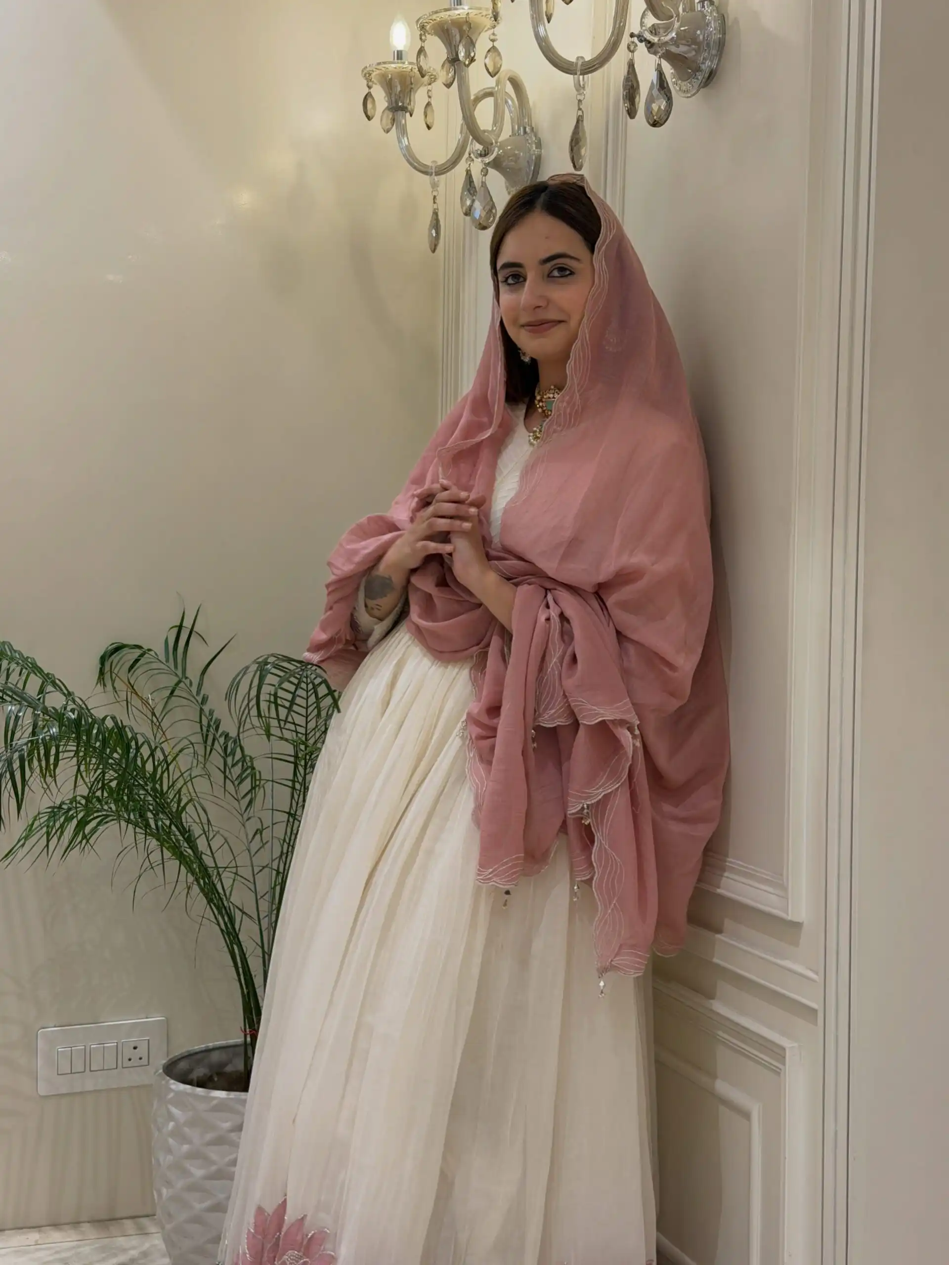 Shiny White Faux Georgette Embroidery Work Gown - Image 3