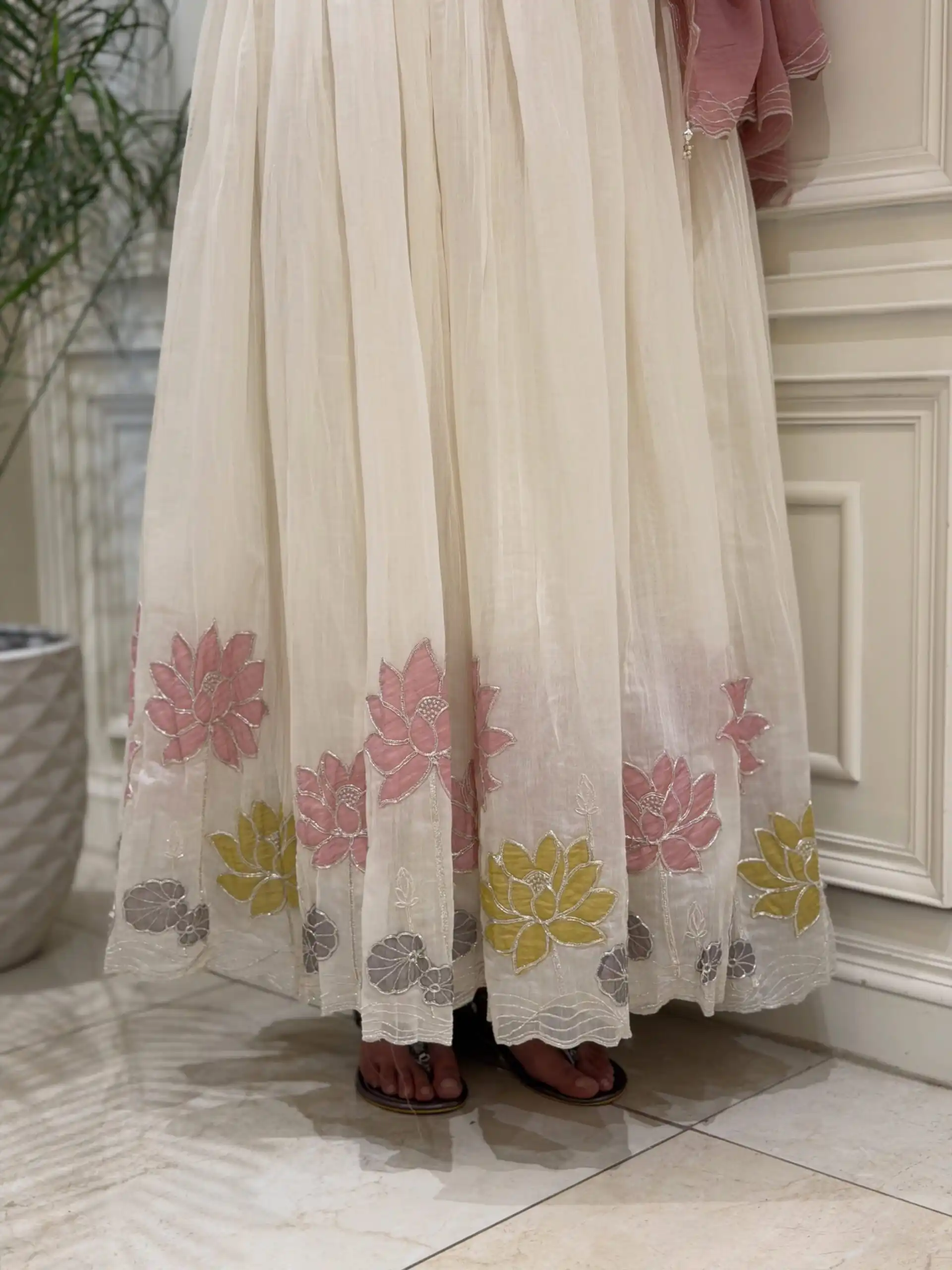 Shiny White Faux Georgette Embroidery Work Gown - Image 2
