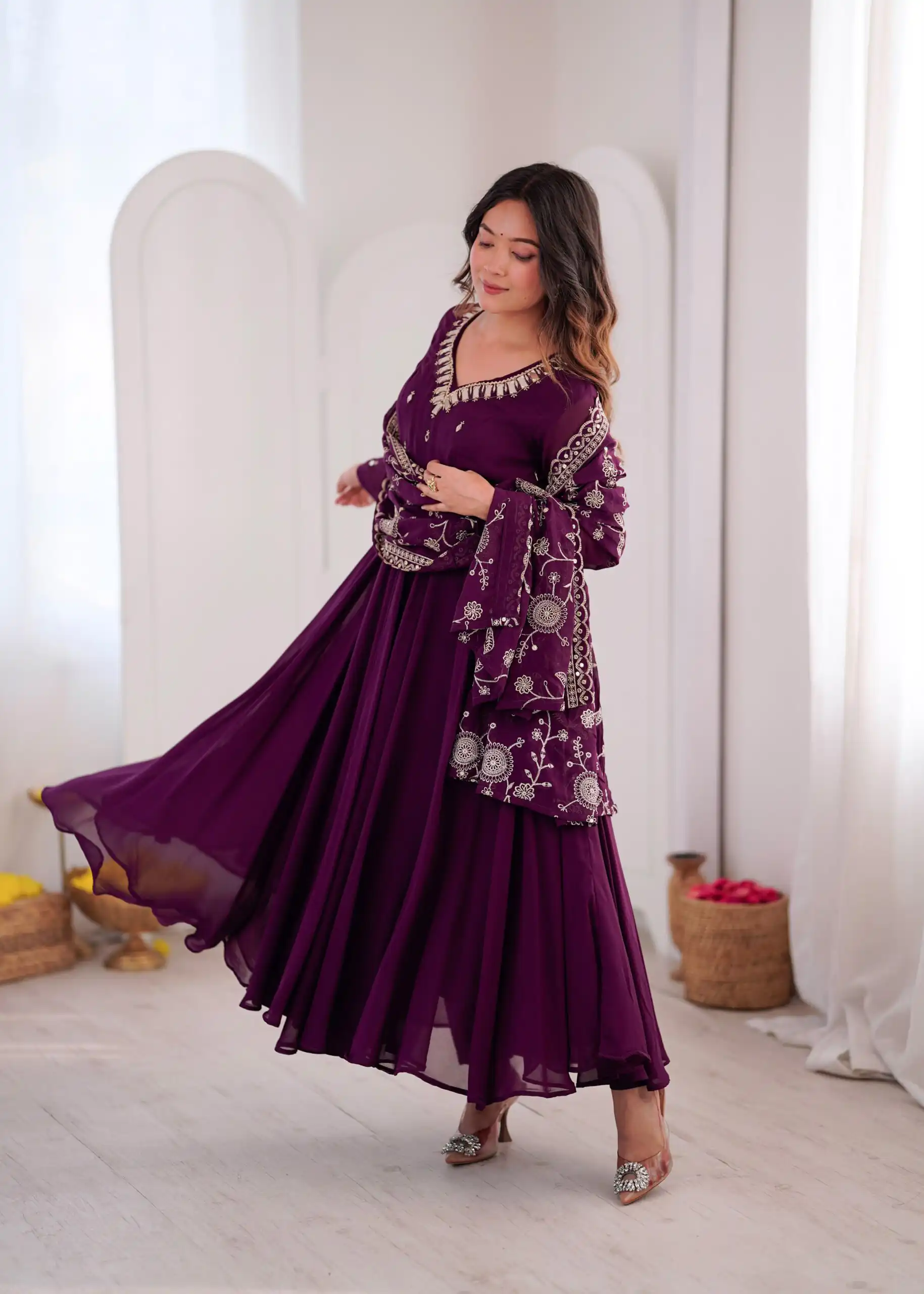 Shiny Wine Faux Georgette Embroidery Mirror Work Gown - Image 9