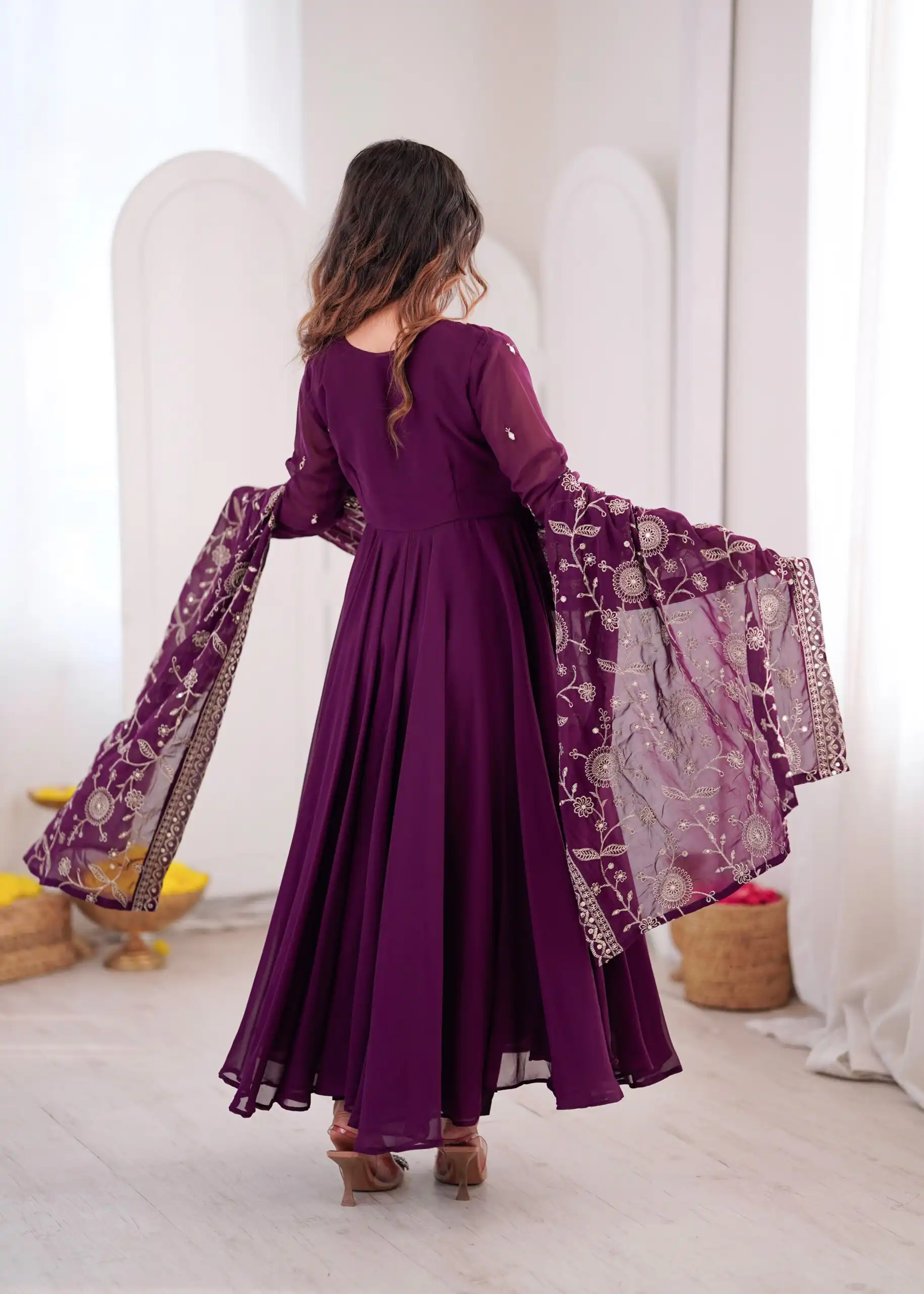 Shiny Wine Faux Georgette Embroidery Mirror Work Gown - Image 11