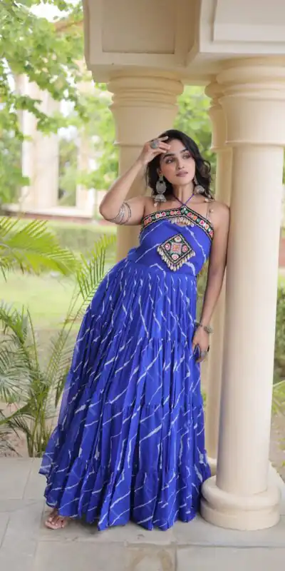 Alternative view of Simple Blue Faux Georgette Bandhani Print Work Gown