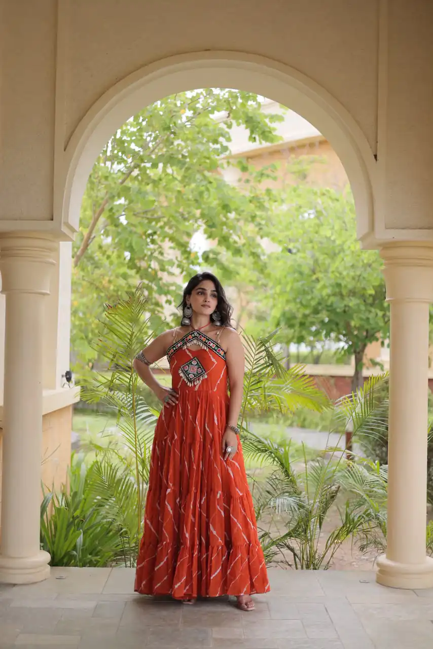 Simple Orange Faux Georgette Bandhani Print Work Gown - Image 5