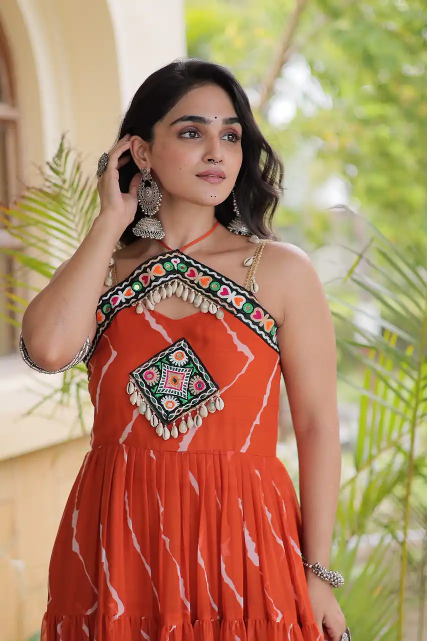 Simple Orange Faux Georgette Bandhani Print Work Gown - Image 2