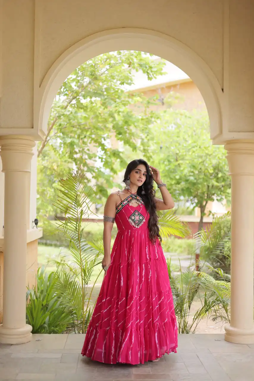 Simple Pink Faux Georgette Bandhani Print Work Gown - Image 3