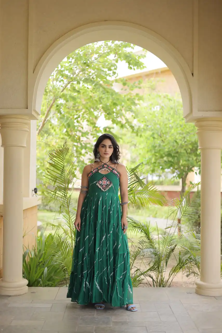 Simple Teal Faux Georgette Bandhani Print Work Gown - Image 4