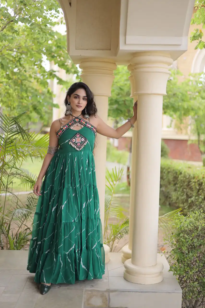 Simple Teal Faux Georgette Bandhani Print Work Gown