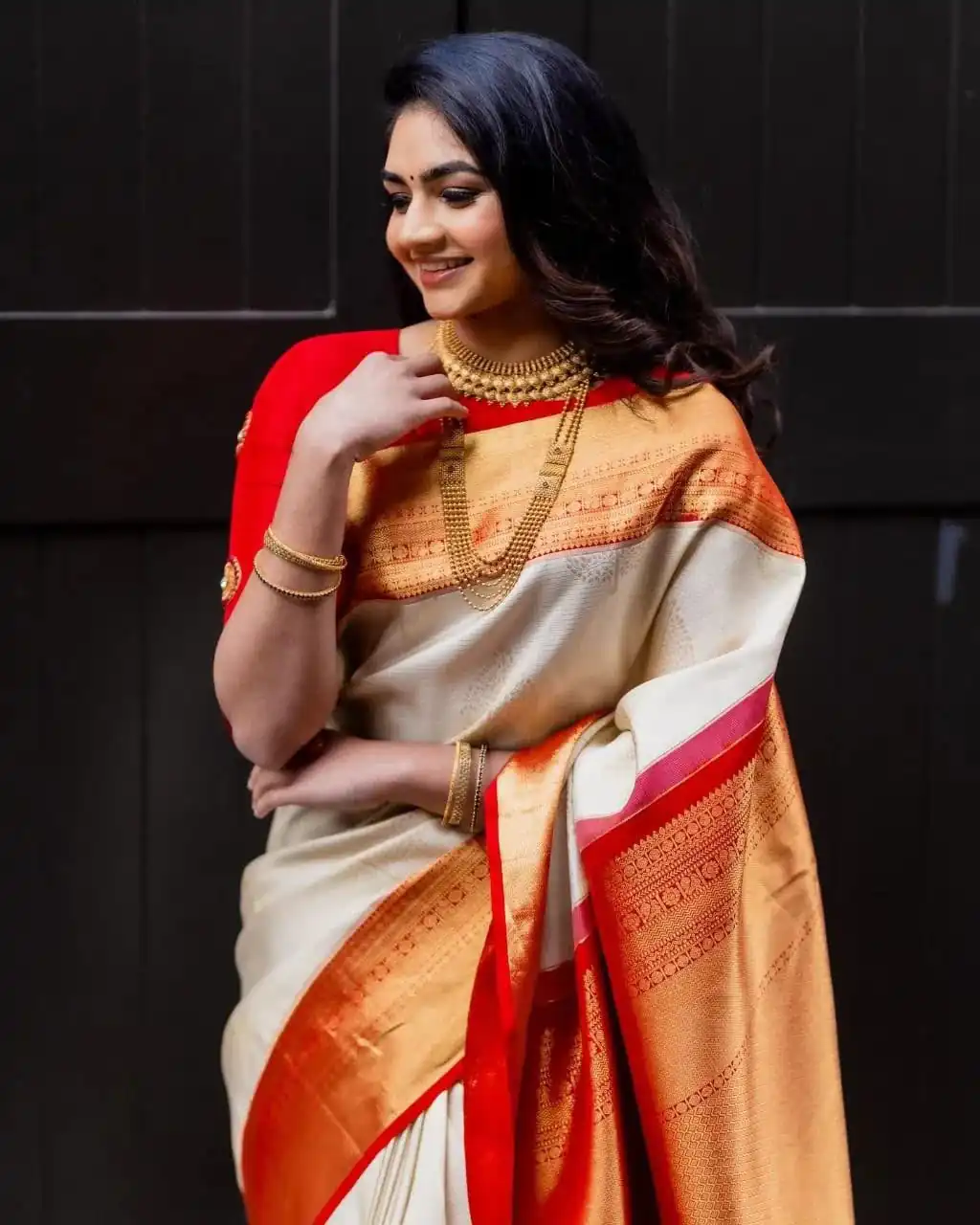 Solid Cream Soft Lichi Silk Lace Work Saree