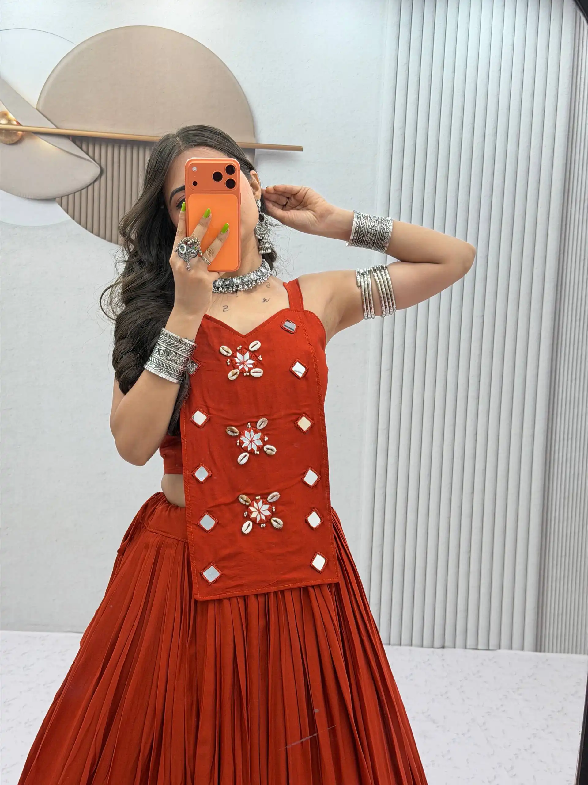 Stylish Rust Cotton Cowrie Work Lehenga Choli - Image 6