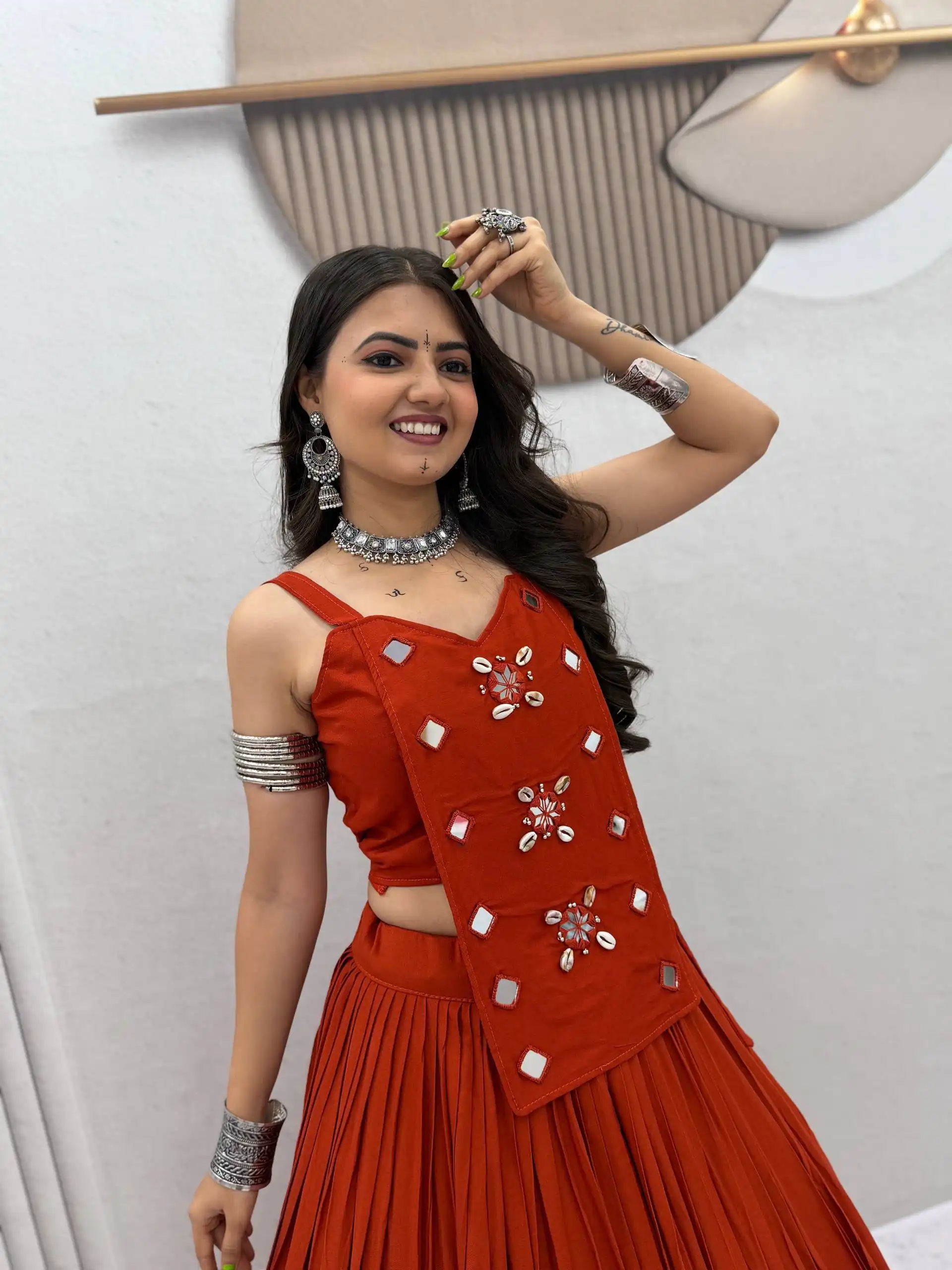 Stylish Rust Cotton Cowrie Work Lehenga Choli - Image 3