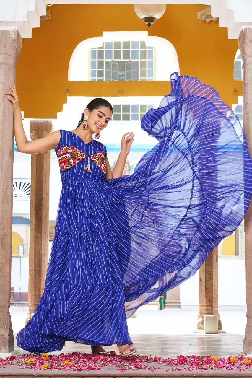 Stylist Blue Georgette Bandhani Print Work Gown - Image 4