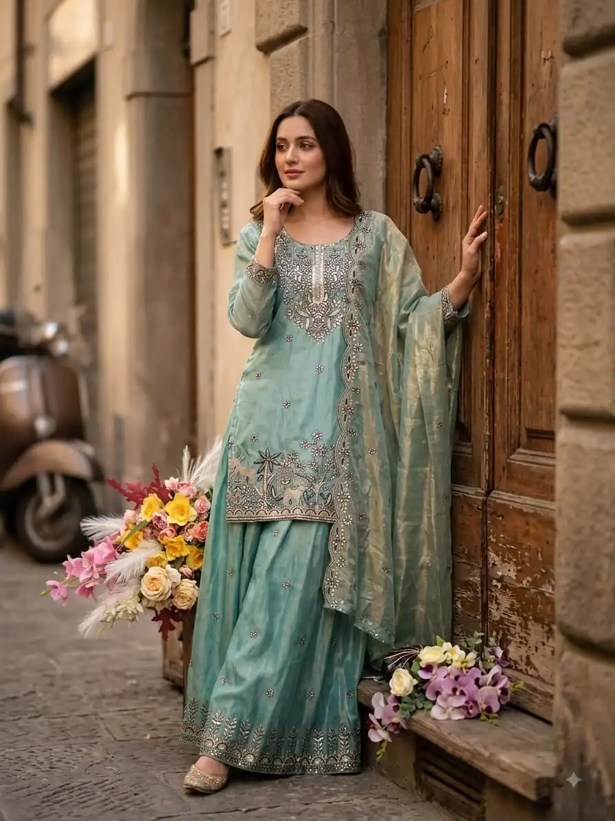 Super Blue Fendy Silk Sequins Work Salwar Suit - Image 2