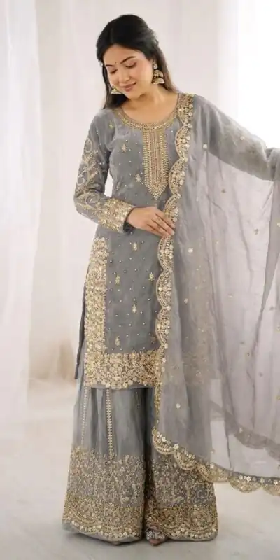 Alternative view of Super Grey Fendy Silk Embroidery Work Salwar Suit