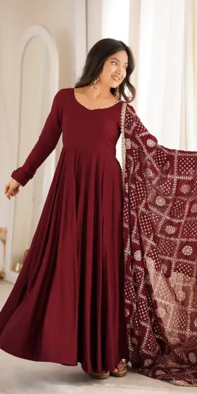 Super Maroon Roman Silk Chanderi Lace Work Anarkali Suit