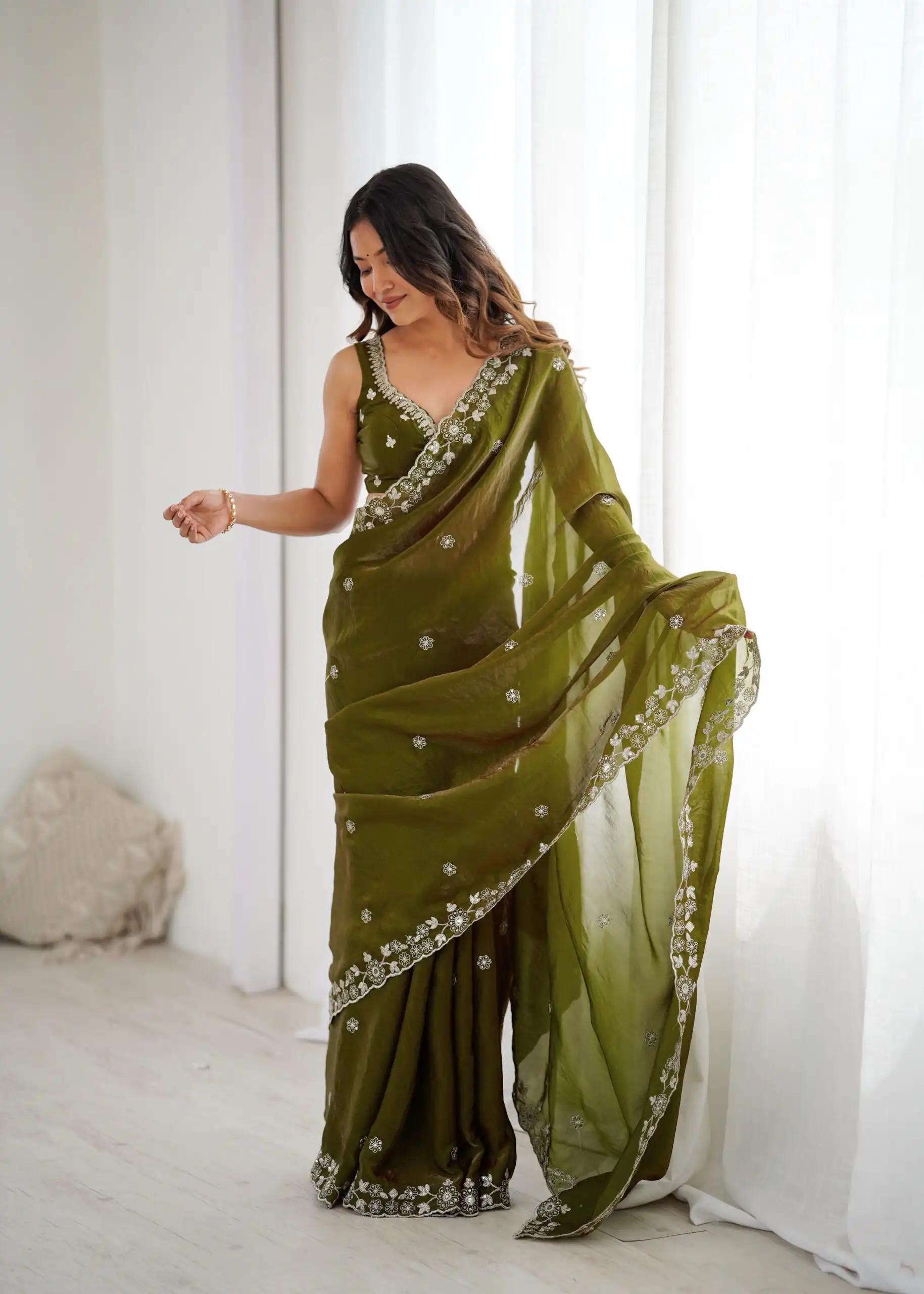 Super Mehandi Fendy Silk Sequins Work Saree - Image 6