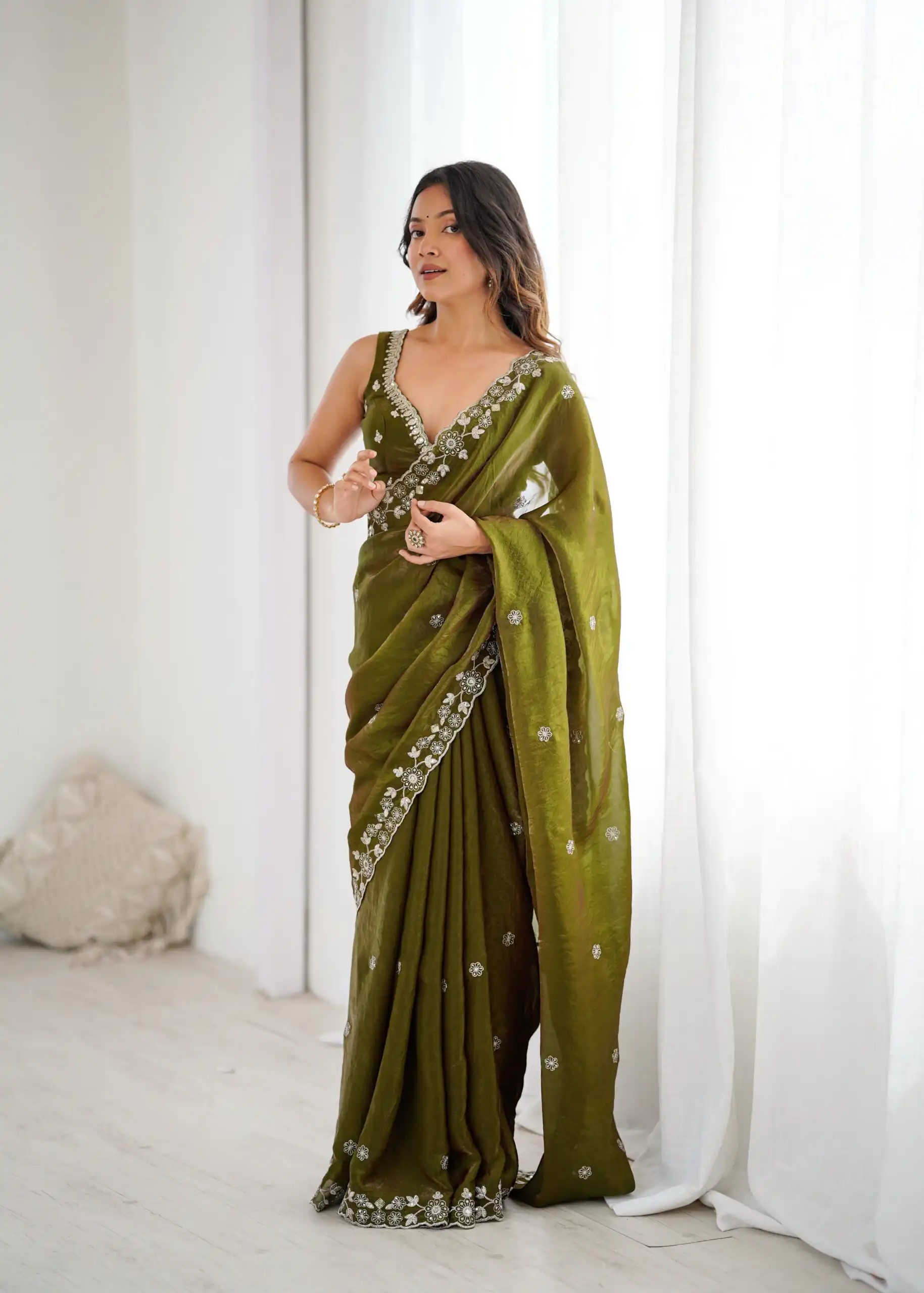Super Mehandi Fendy Silk Sequins Work Saree - Image 2