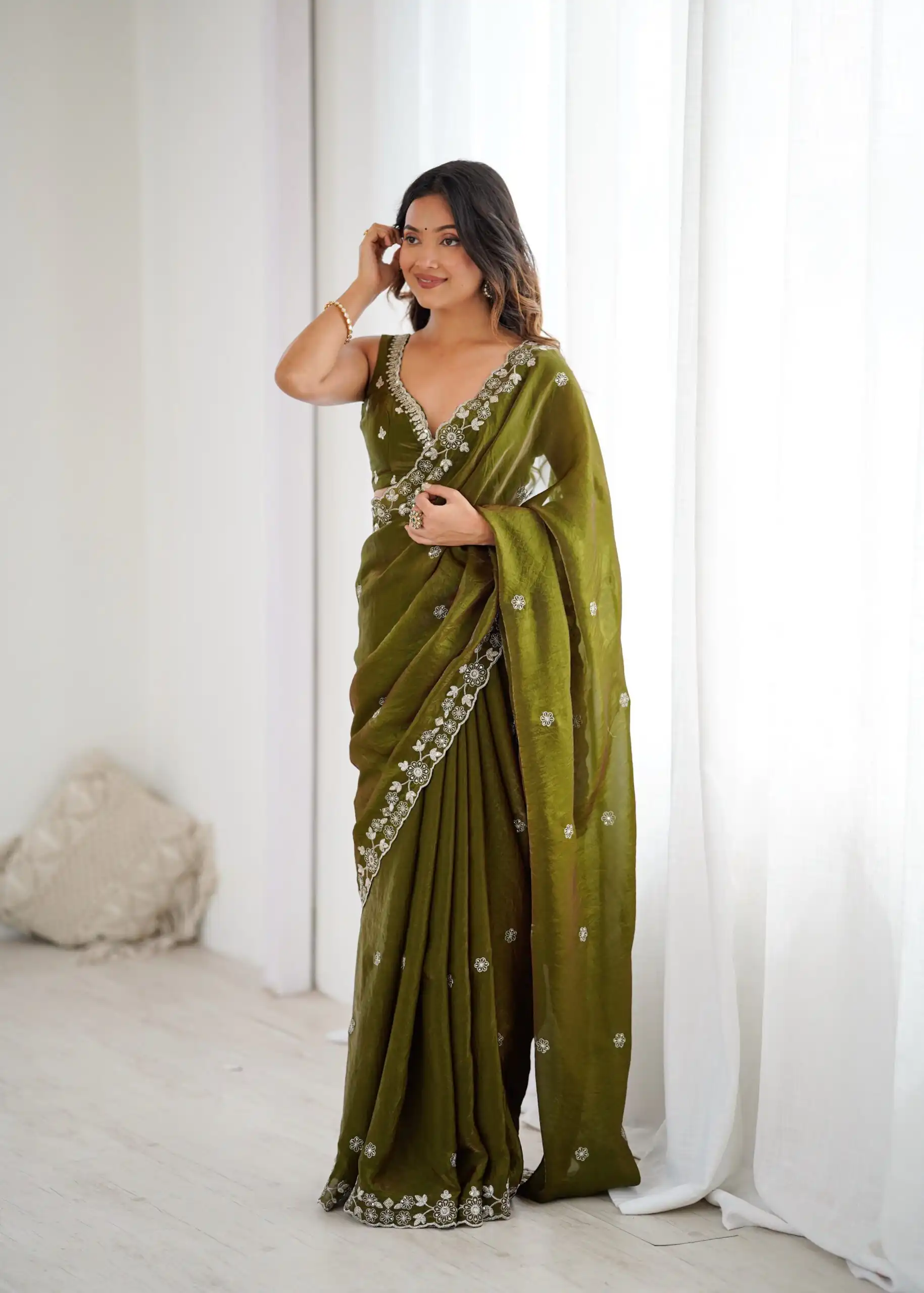 Super Mehandi Fendy Silk Sequins Work Saree
