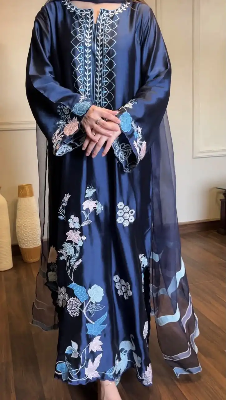 Super Navy Blue Jura Silk Embroidery Salwar Suit - Image 4