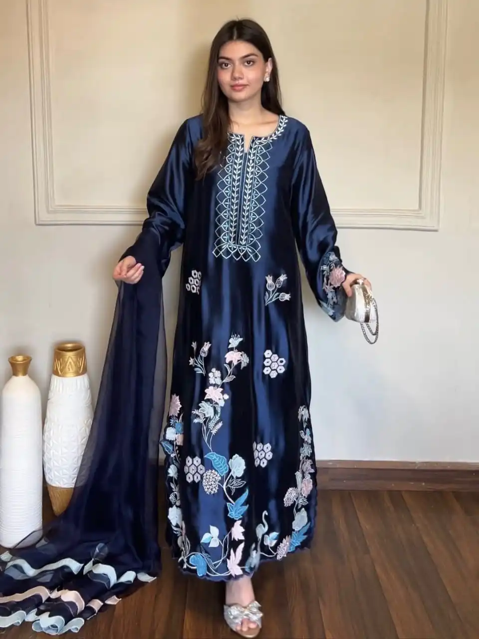 Super Navy Blue Jura Silk Embroidery Salwar Suit - Image 2