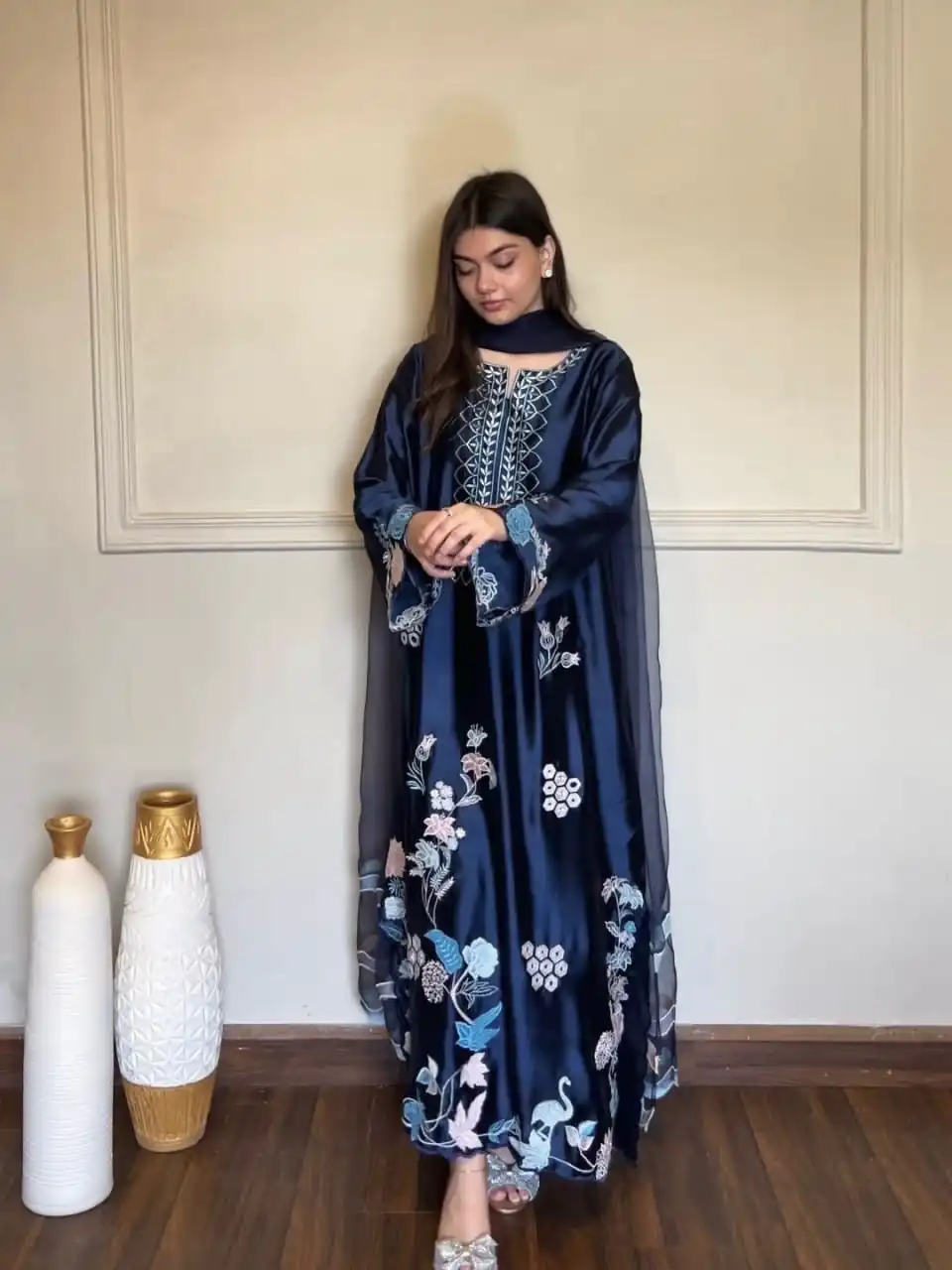 Super Navy Blue Jura Silk Embroidery Salwar Suit