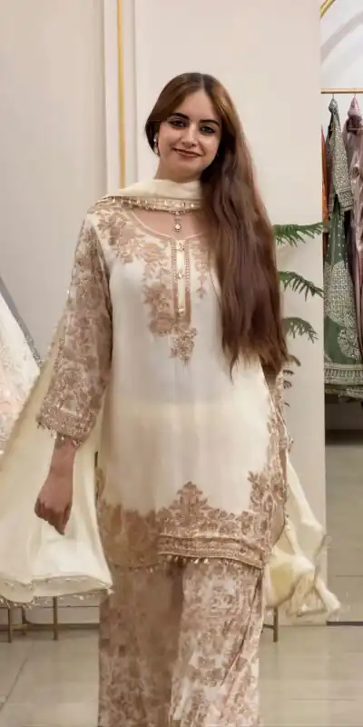 Super Off White Faux Georgette Embroider Work Salwar Suit