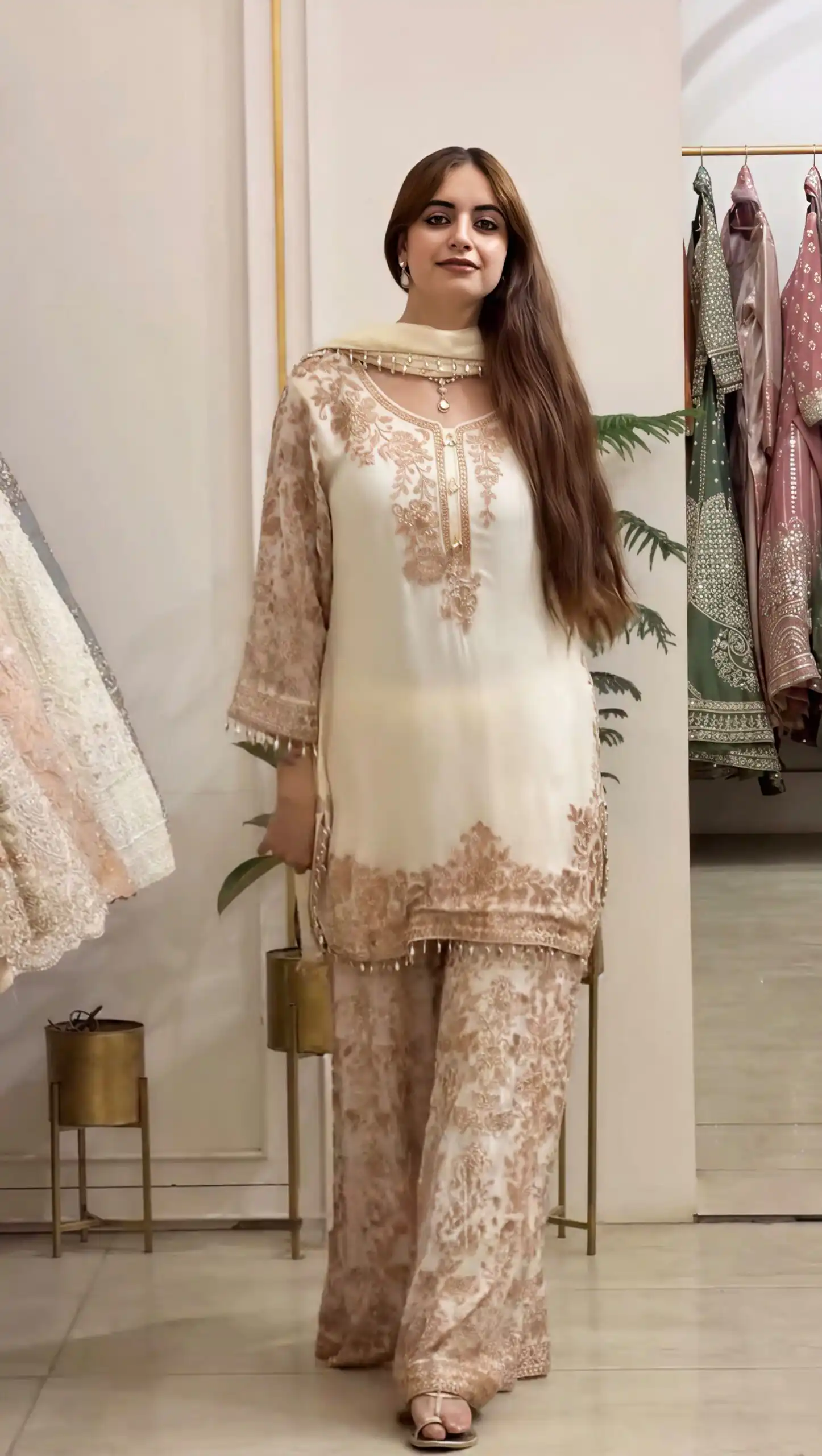 Super Off White Faux Georgette Embroider Work Salwar Suit - Image 3