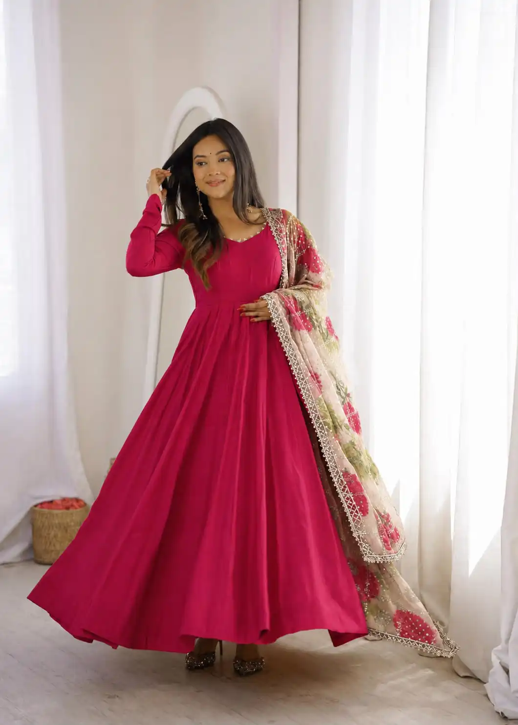 Super Pink Roman Silk Chanderi Plain Work Anarkali Suit