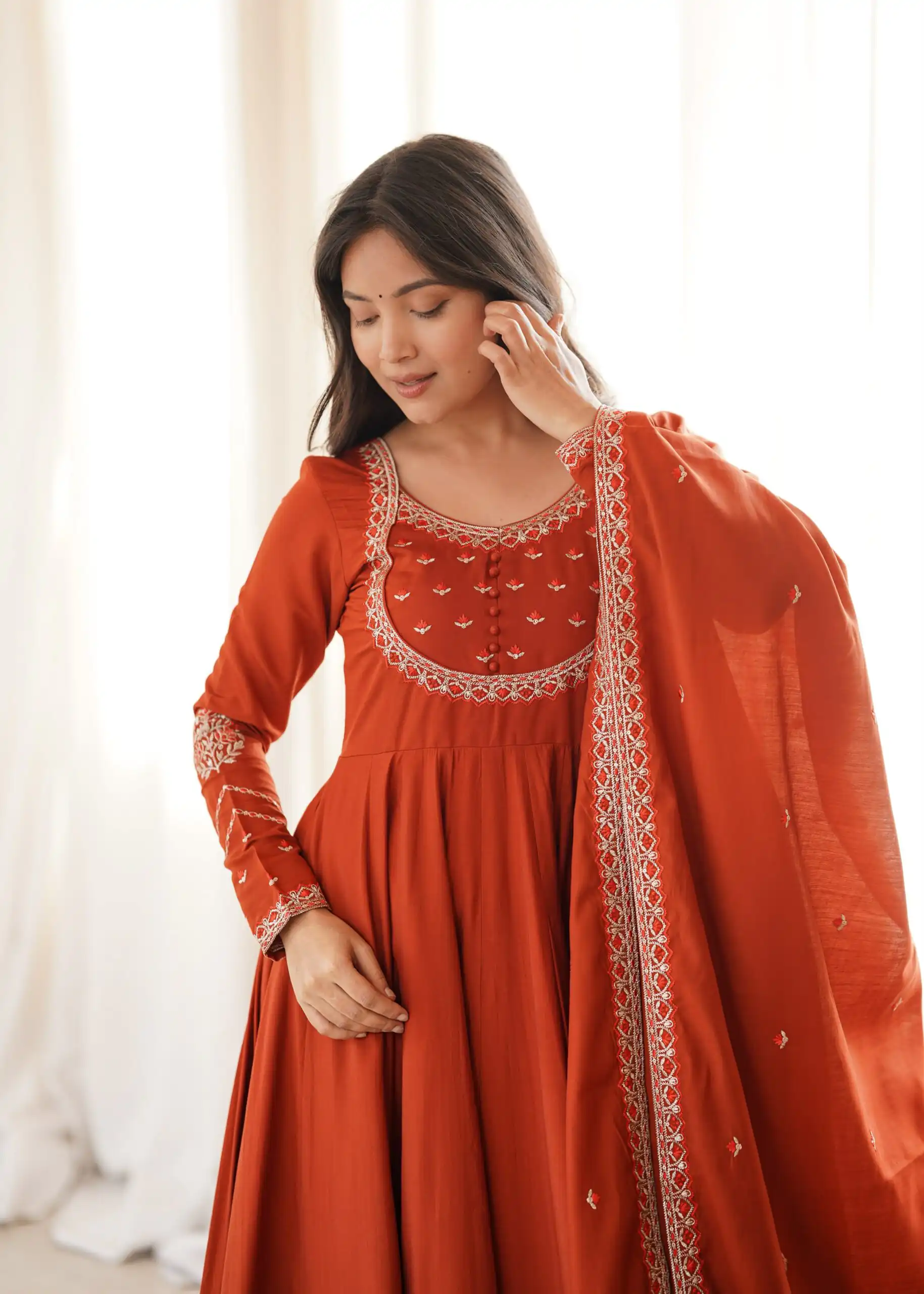 Super Rust Roman Silk Chanderi Thread Work Anarkali Suit - Image 7