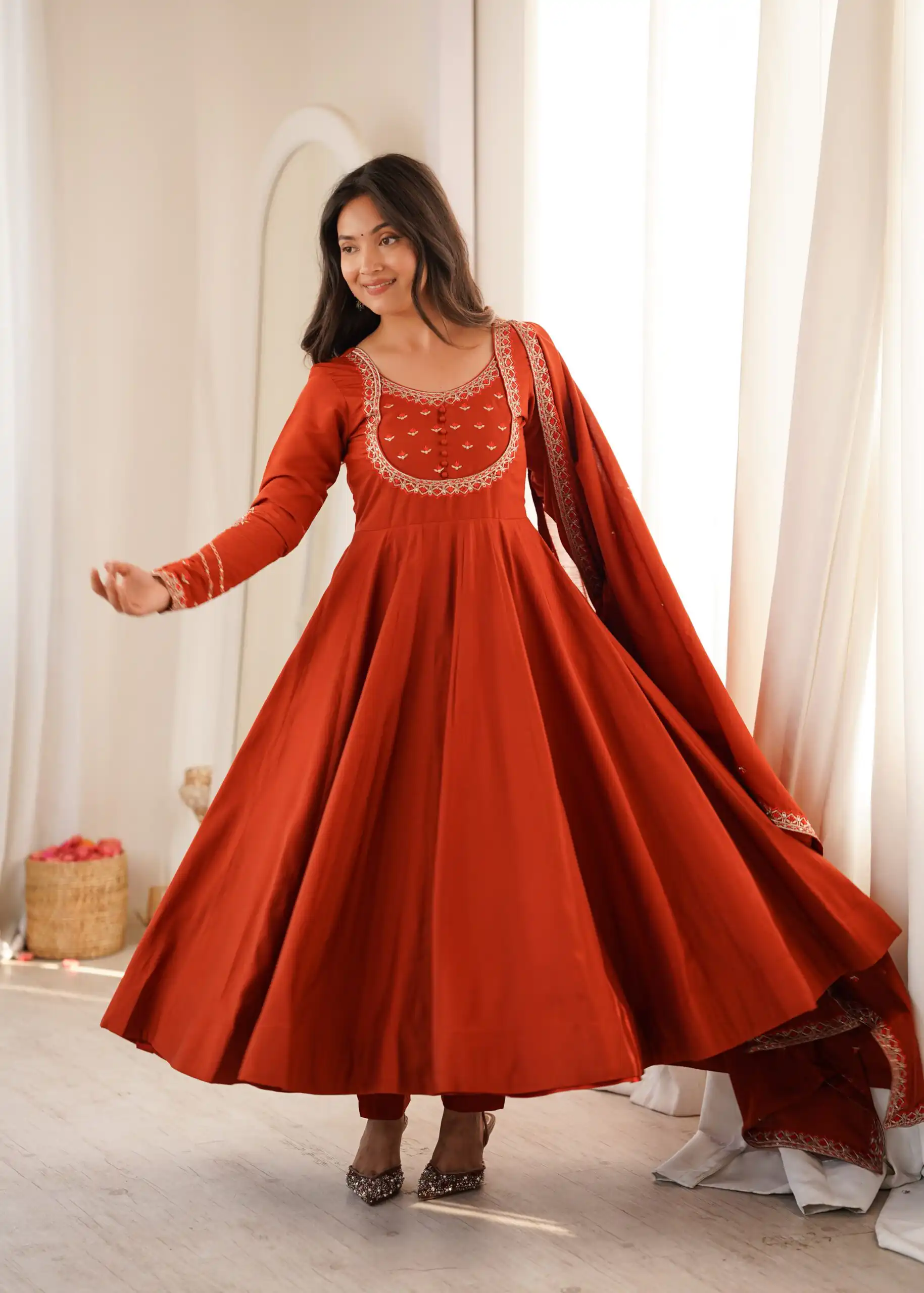 Super Rust Roman Silk Chanderi Thread Work Anarkali Suit - Image 5