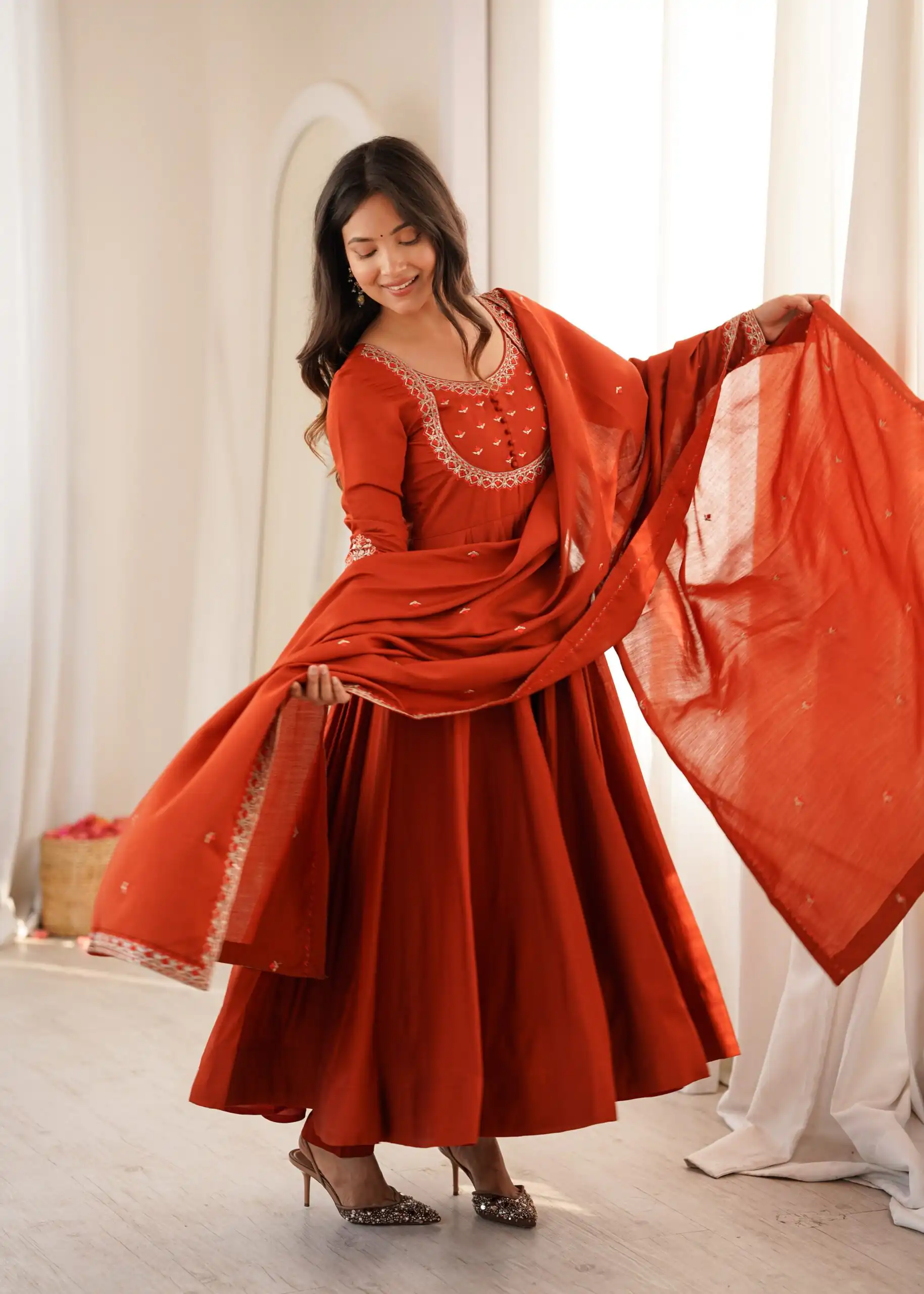 Super Rust Roman Silk Chanderi Thread Work Anarkali Suit - Image 3