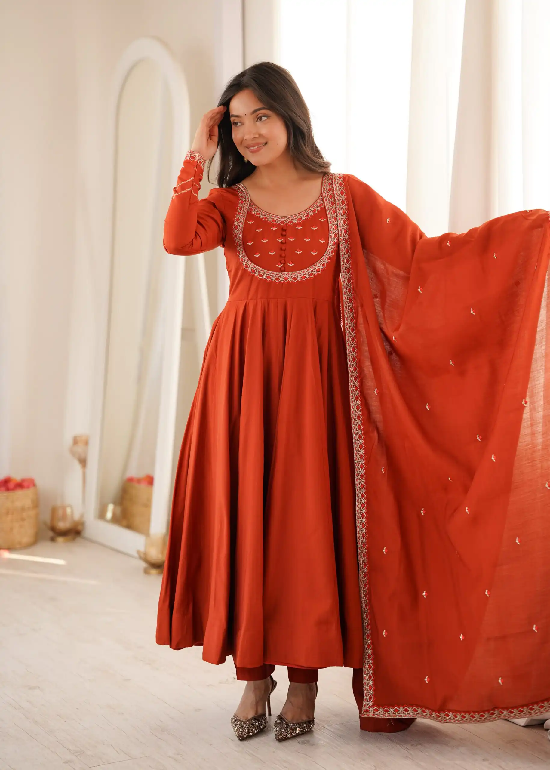 Super Rust Roman Silk Chanderi Thread Work Anarkali Suit - Image 2