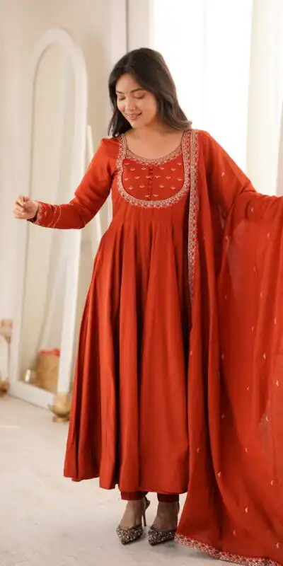 Super Rust Roman Silk Chanderi Thread Work Anarkali Suit