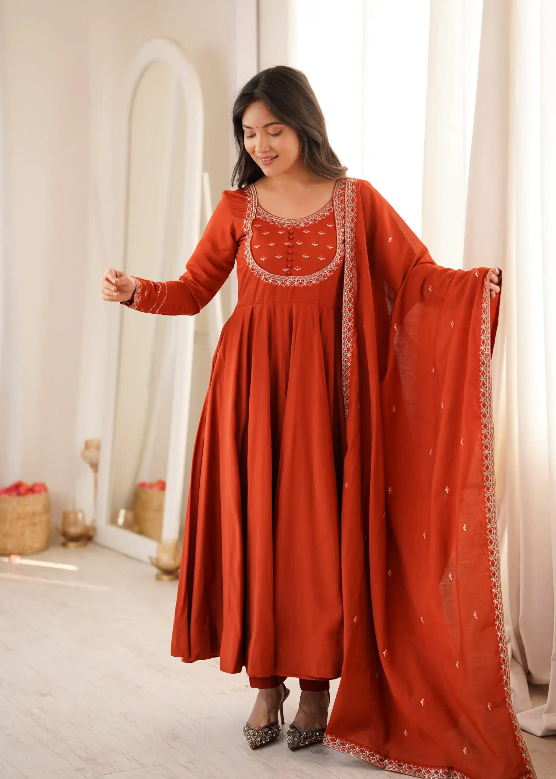Super Rust Roman Silk Chanderi Thread Work Anarkali Suit