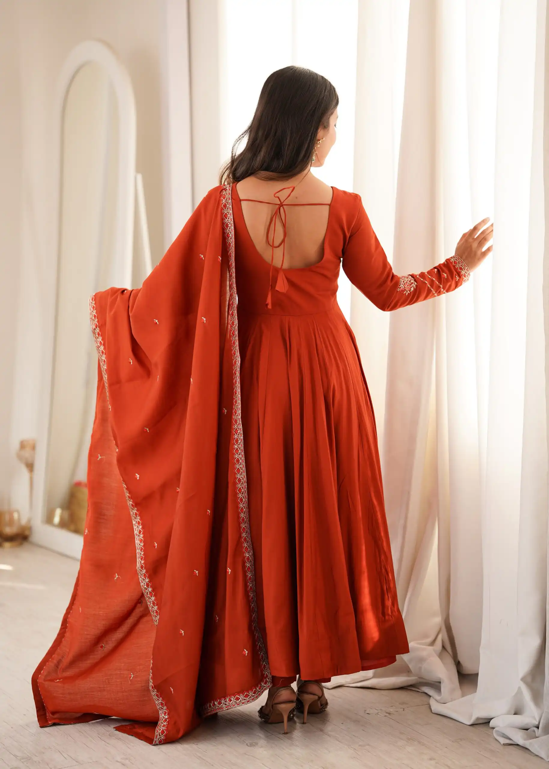 Super Rust Roman Silk Chanderi Thread Work Anarkali Suit - Image 8