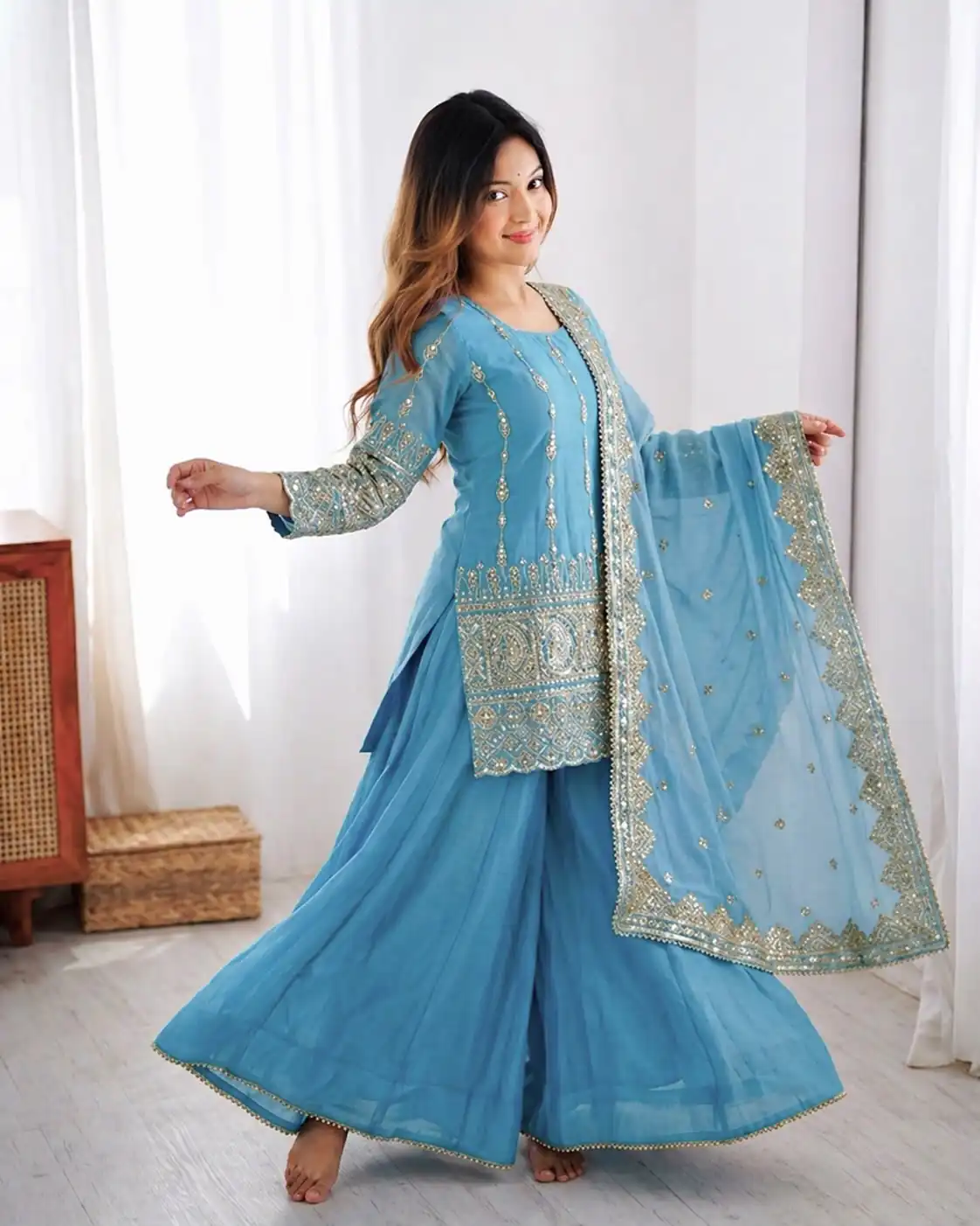 Super Sky Blue Vichitra Silk Sequence Work Salwar Suit - Image 2