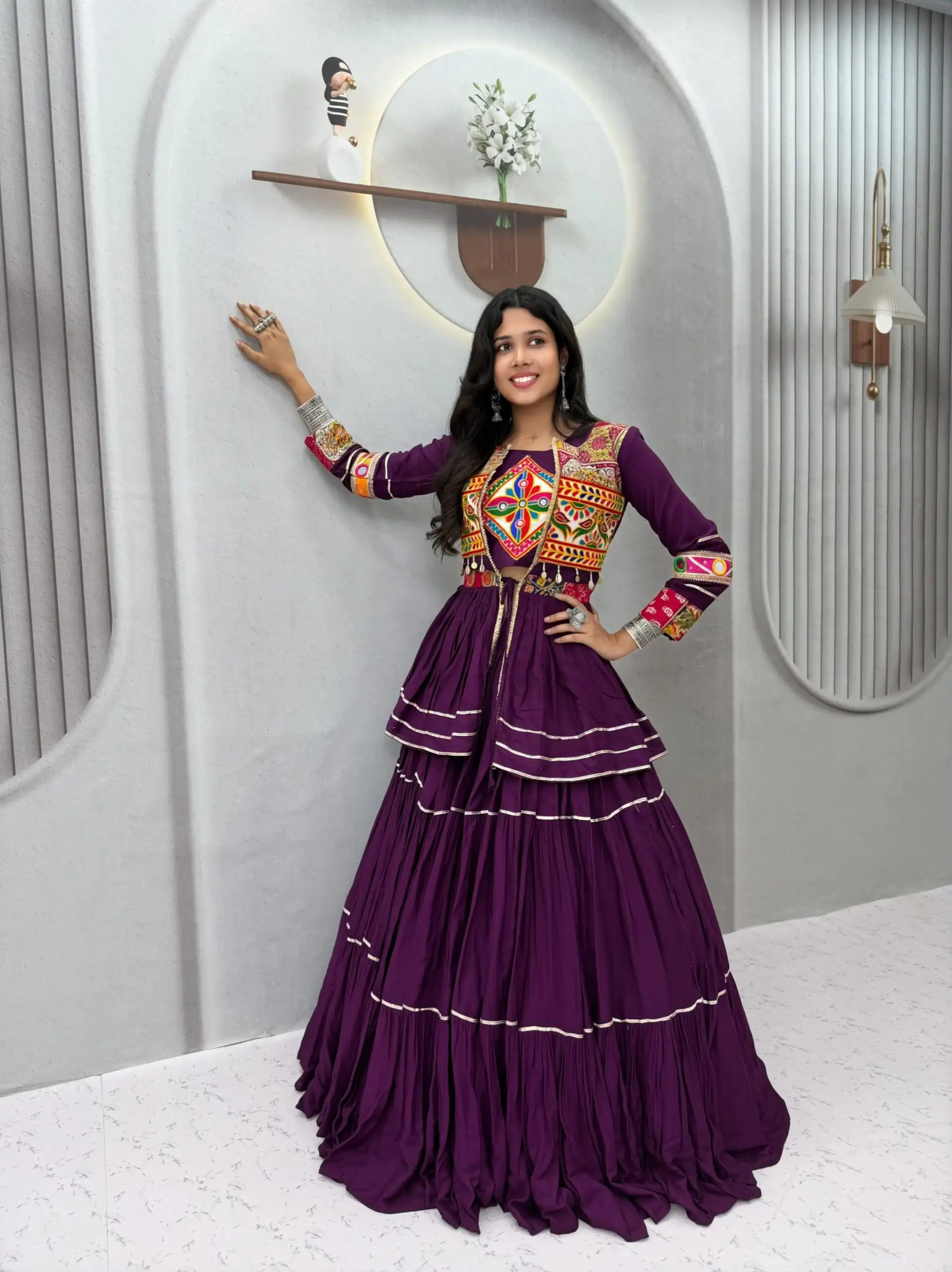 Super Wine Pure Cotton Mirror Gamthi Work Lehenga Choli - Image 3