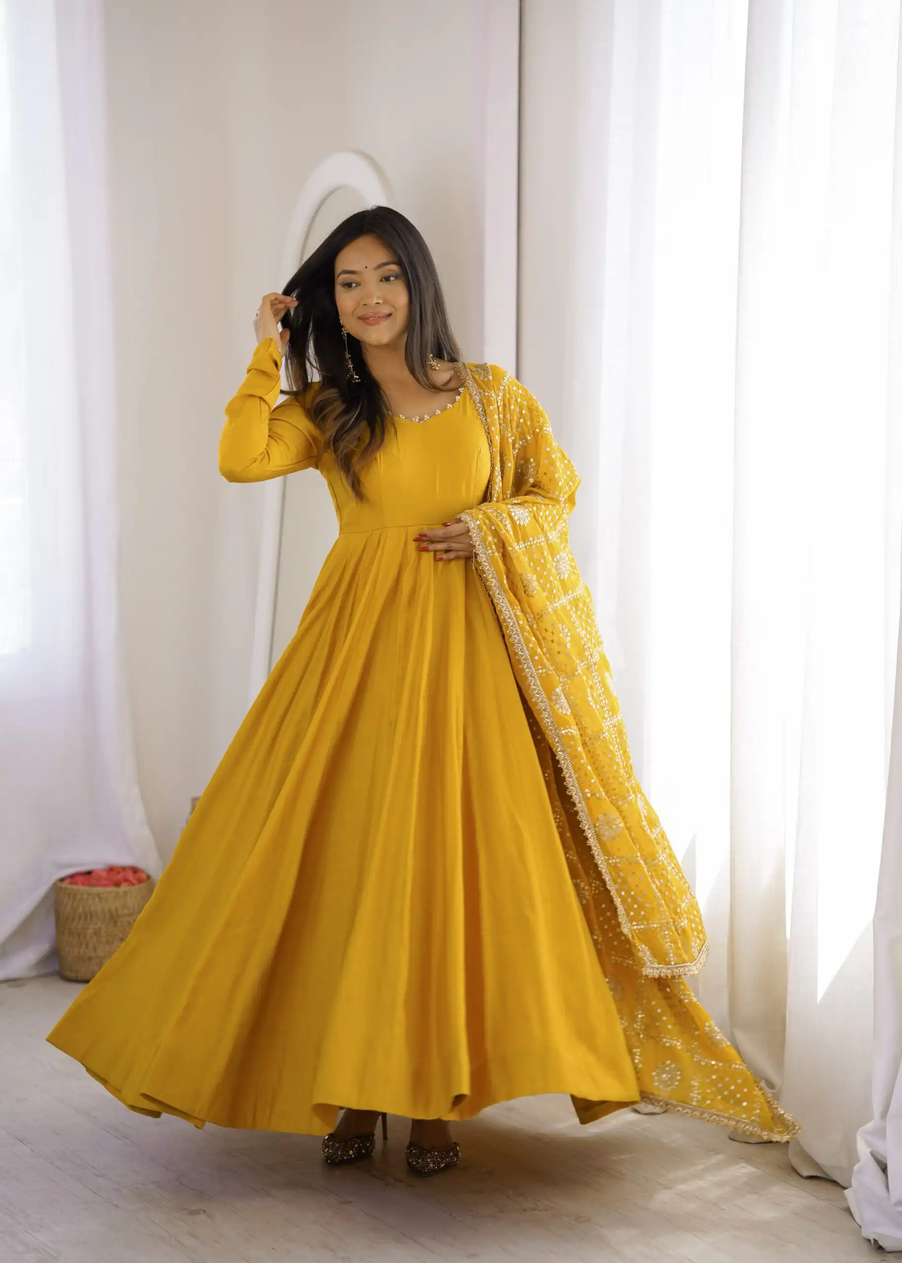 Super Yellow Roman Silk Chanderi Lace Work Anarkali Suit - Image 2