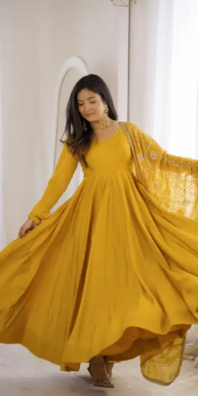 Super Yellow Roman Silk Chanderi Lace Work Anarkali Suit