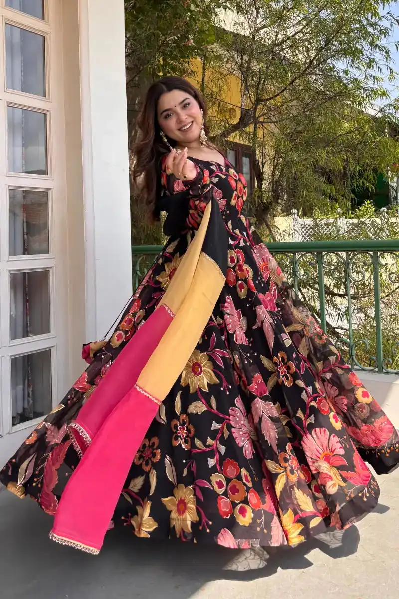 Trendy Black Tabby Organza Digital Print Work Anarkali Suit - Image 4
