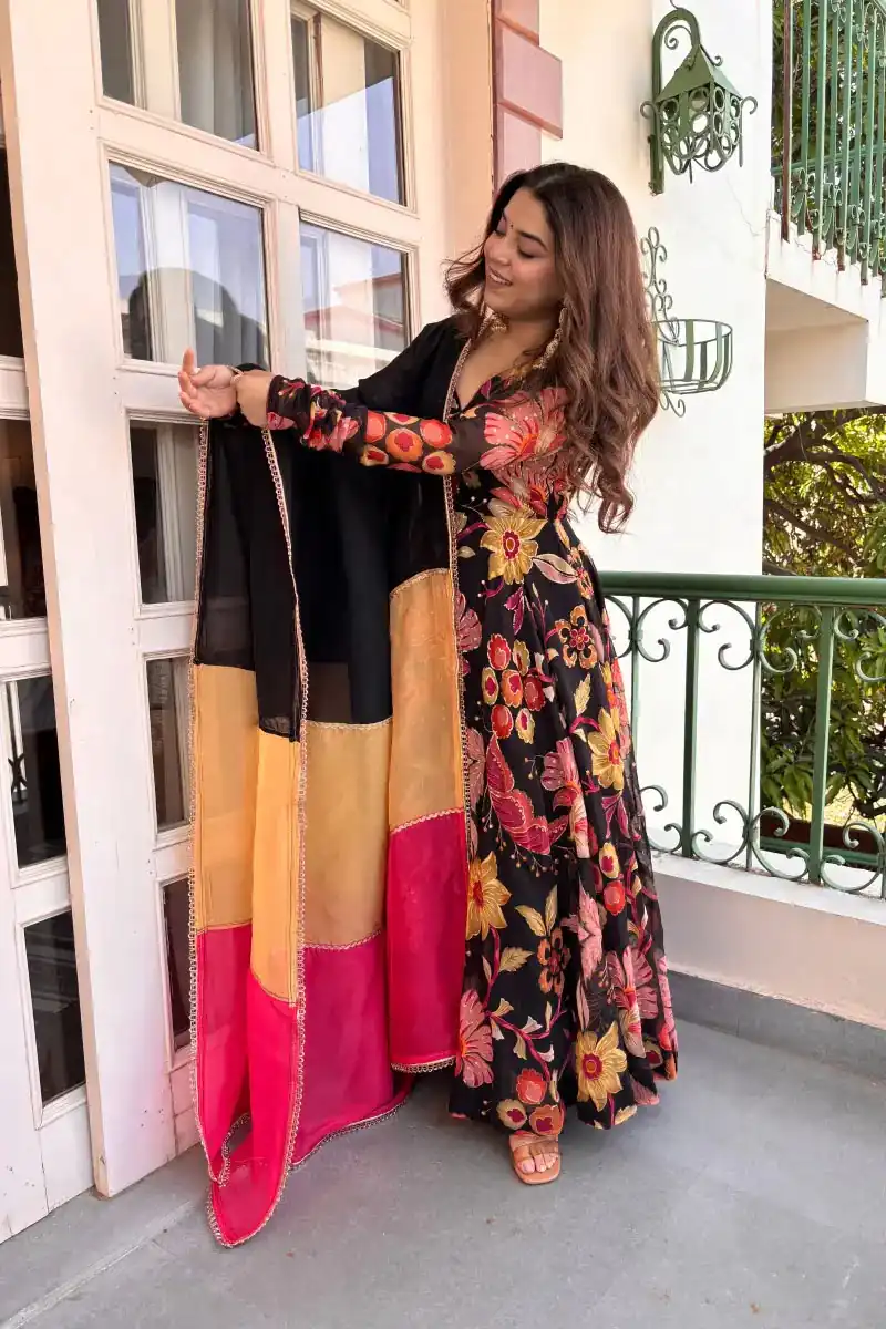 Trendy Black Tabby Organza Digital Print Work Anarkali Suit - Image 2