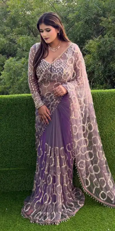 Alternative view of Trendy Lavender Butterfly Net Sequence Work Saree
