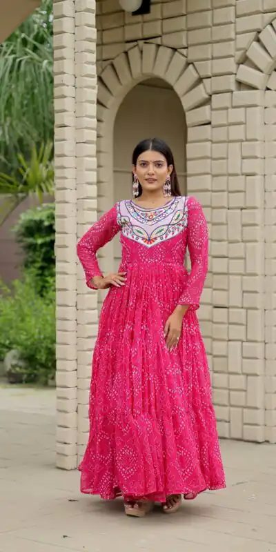 Alternative view of Trendy Pink Faux Georgette Bandhani Thread Work Gown