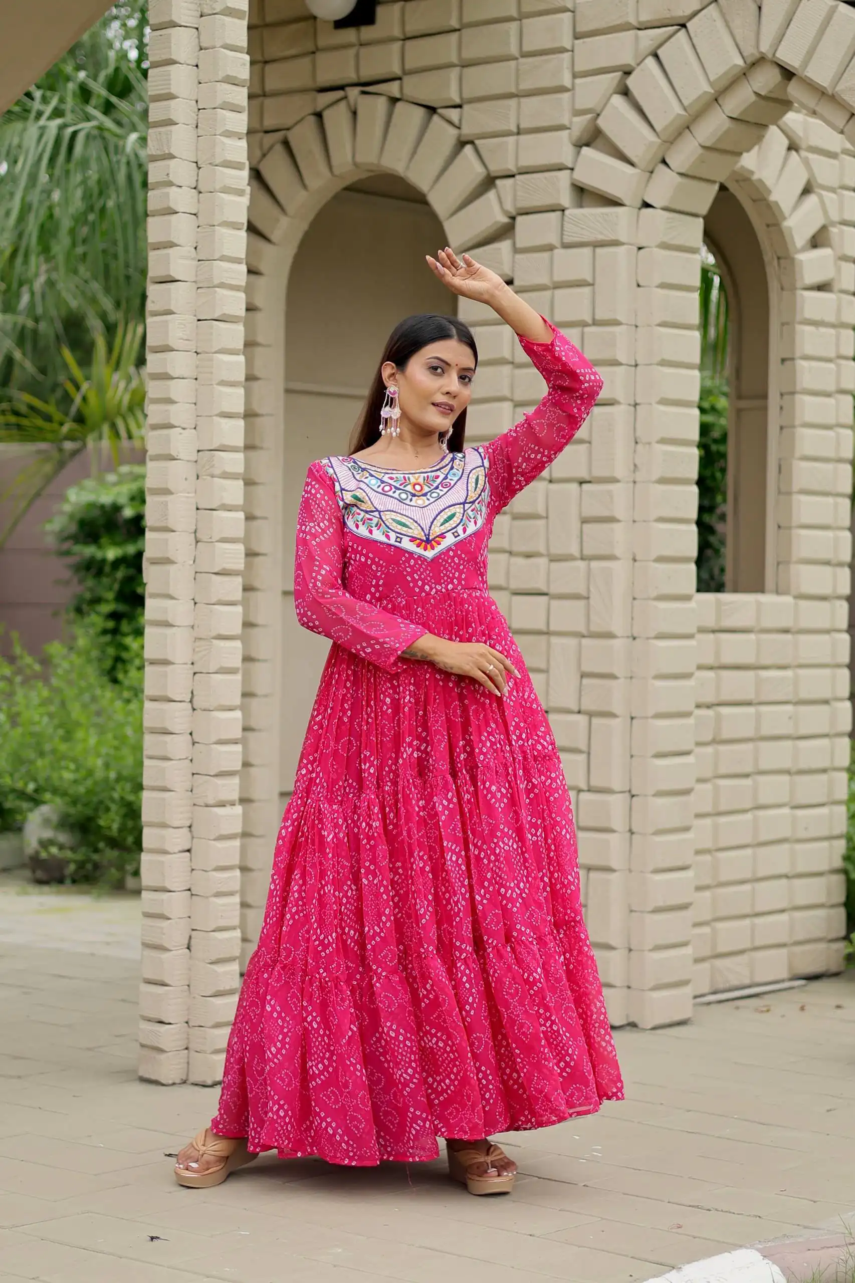 Trendy Pink Faux Georgette Bandhani Thread Work Gown