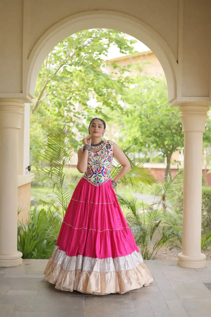 Trendy Pink Rayon Embroider Kutchi Work Lehenga Choli - Image 2