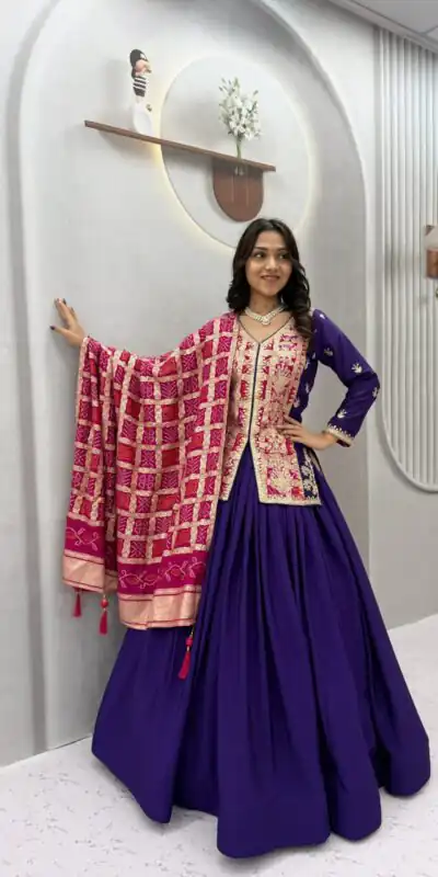 Trendy Purple Chinon Silk Thread Work Lehenga Choli