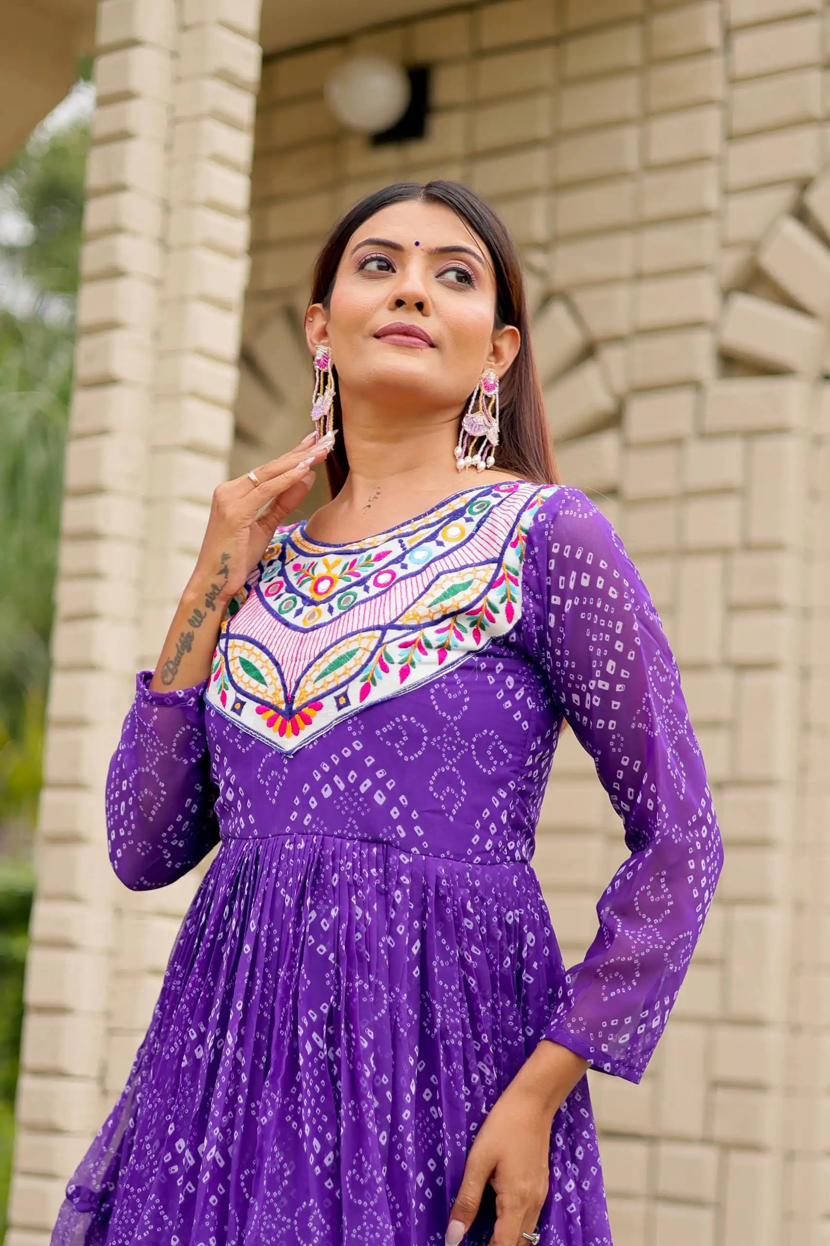 Trendy Purple Faux Georgette Bandhani Thread Work Gown - Image 4