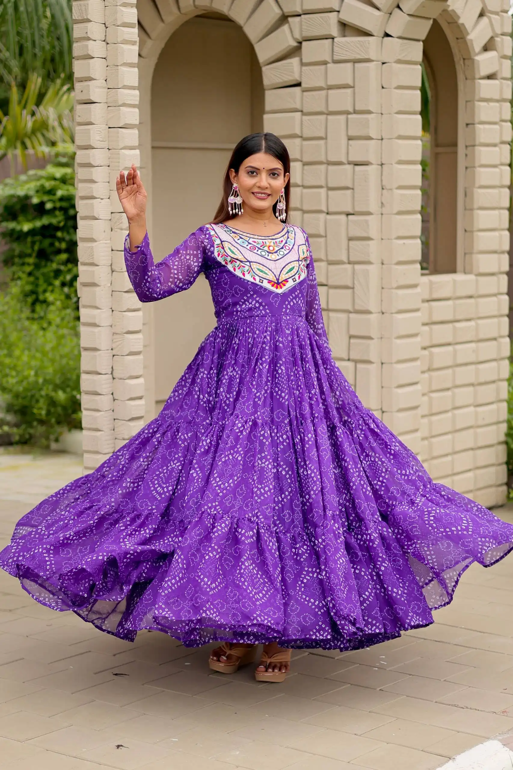 Trendy Purple Faux Georgette Bandhani Thread Work Gown - Image 2