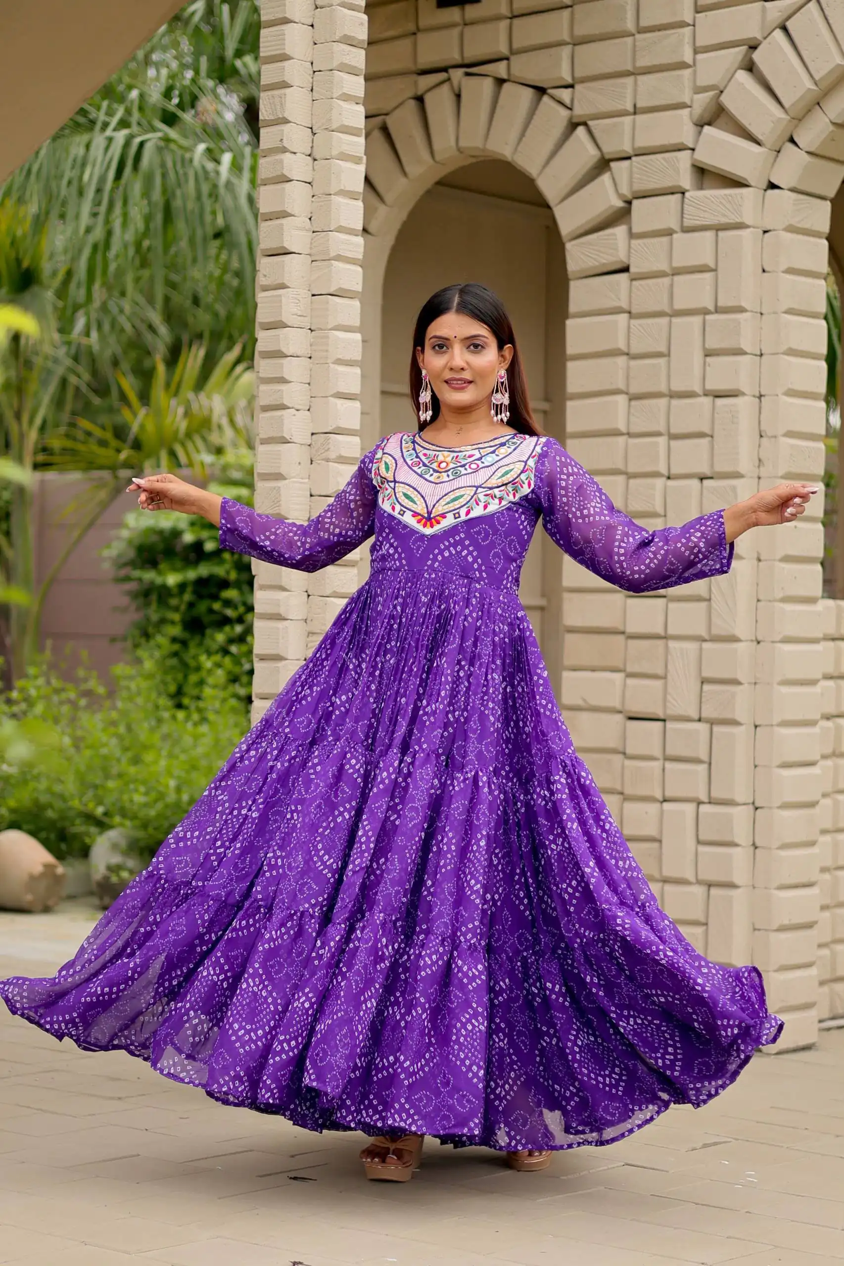 Trendy Purple Faux Georgette Bandhani Thread Work Gown